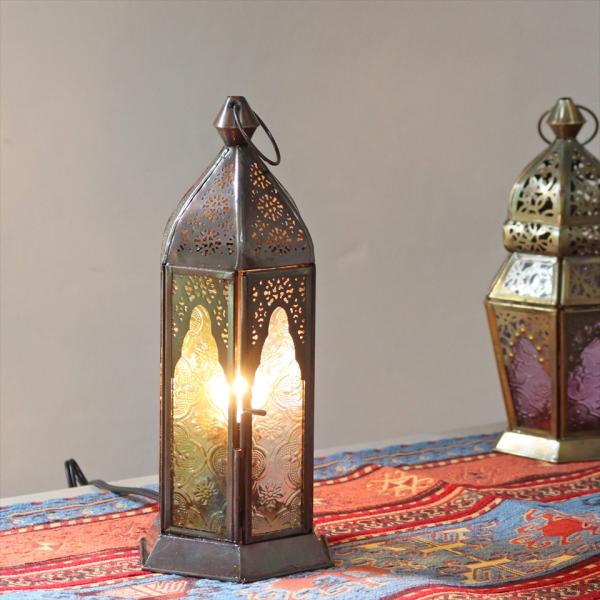 モロッコランタン テーブルランプ ミフラープデザイン グリーン 6面のレリーフガラス 電球ソケット ...