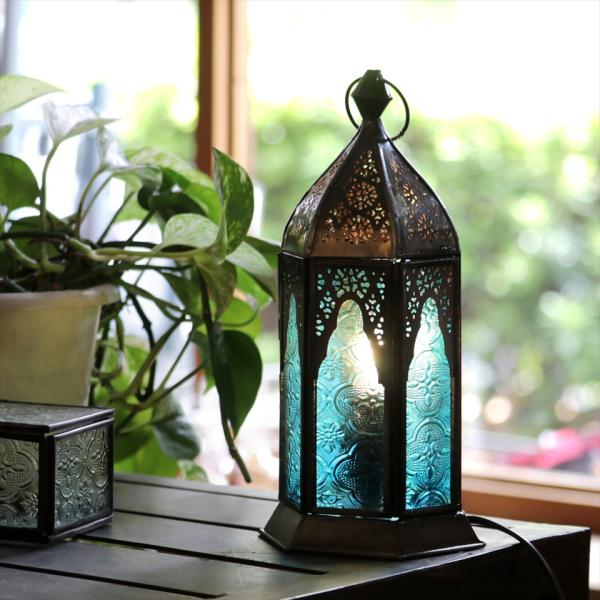 モロッコランタン テーブルランプ ターコイズ 高さ24cm 6面のレリーフガラス 電球ソケット 中間...