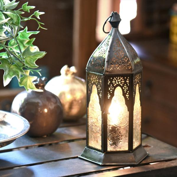 モロッコランタン テーブルランプ　ミフラープデザイン 高さ24cm 6面のレリーフガラス