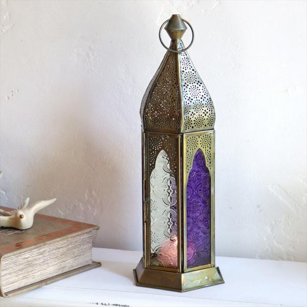 モロッコランタン キャンドルホルダー　高さ29cm　リラ&amp;クリア 6面のレリーフガラス　Morocc...