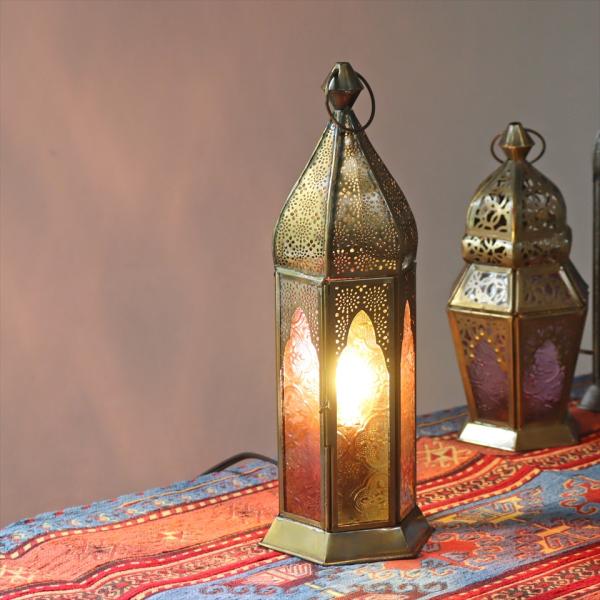 モロッコランタン テーブルランプ ミフラープデザイン リラ &amp;グリーン 6面のレリーフガラス 電球ソ...