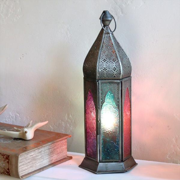 モロッコランタン テーブルランプ ミフラープデザイン バイオレット 6面のレリーフガラス 電球ソケッ...
