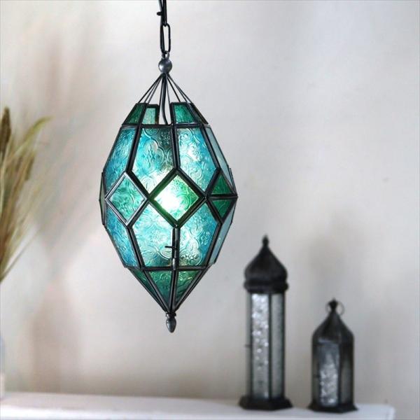 ガラスペンダントライト モロッコランプ 多面体形ランプ ターコイズ 直径15cm 全長64cm E1...