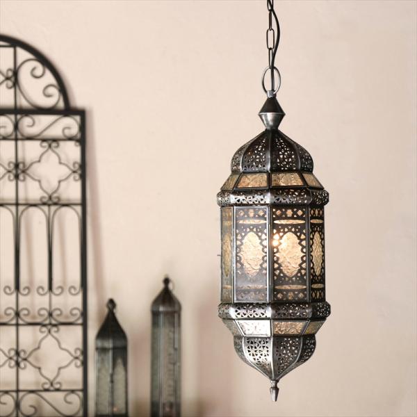 ガラスペンダントライト モロッコランプ アラビア風 直径16cm 全長87cm 8面のレリーフガラス...