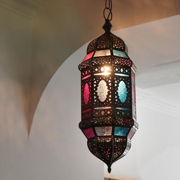 モロッコランプ ガラスペンダントライト 直径16cm 全長87cm 8面のレリーフガラス