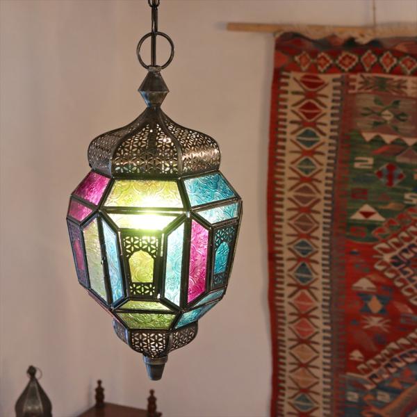 モロッコランプ ガラスペンダントライト アラビア風 全高74cm 直径21cm バイオレット 6面の...