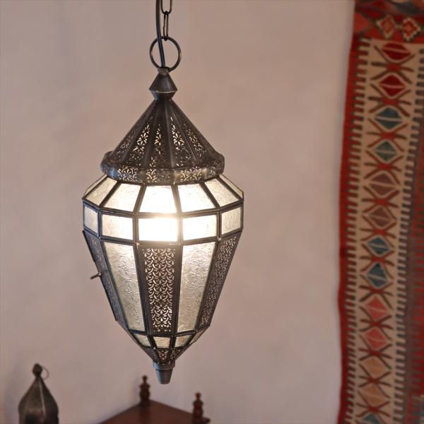 モロッコランプ ガラスペンダントライト 多面体形ランプ 全高80cm 直径21cm クリア 多面体の...