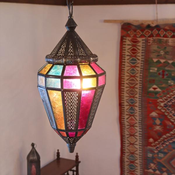 モロッコランプ ガラスペンダントライト 多面体形ランプ 全高80cm 直径21cm マルチカラー 多...