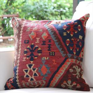 オールドキリム クッションカバー 40×40cm トルコ 手織り ヴィンテージ Kilim Cushion マラテヤ オオカミの足跡