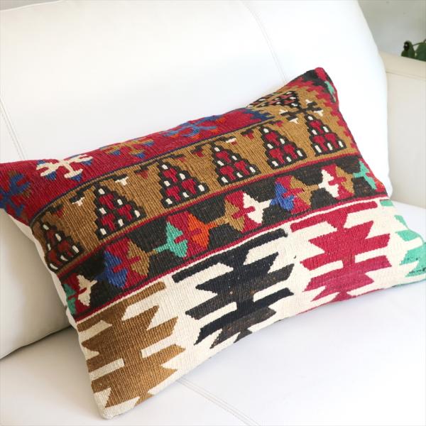 オールドキリムクッションカバー　枕型ビッグピロー鮮やかな色を残すカイセリ地方のキリム