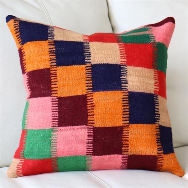 オールドキリム　クッションカバー 40cm Old Kilim Cushion カラフルなグリッド ...
