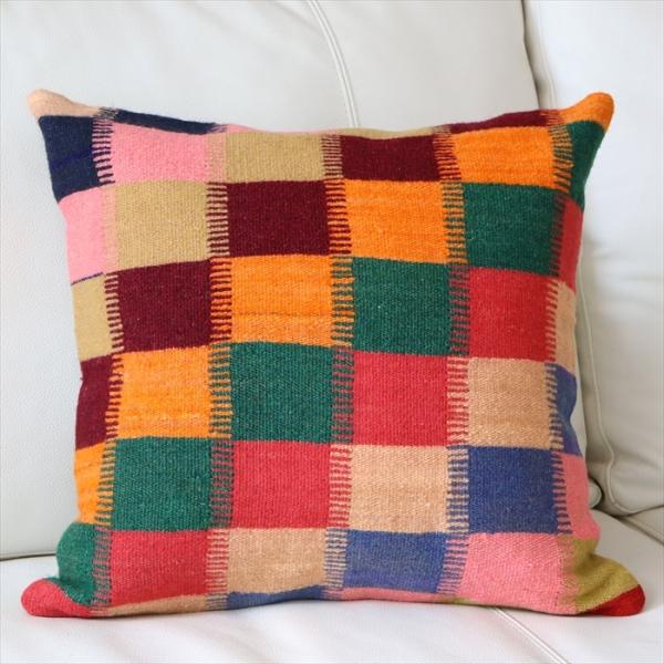 オールドキリム　クッションカバー 40cm Old Kilim Cushion カラフルなグリッド ...