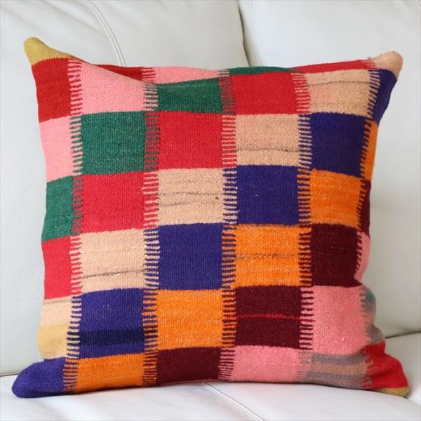 オールドキリム　クッションカバー 40cm Old Kilim Cushion カラフルなグリッド ...