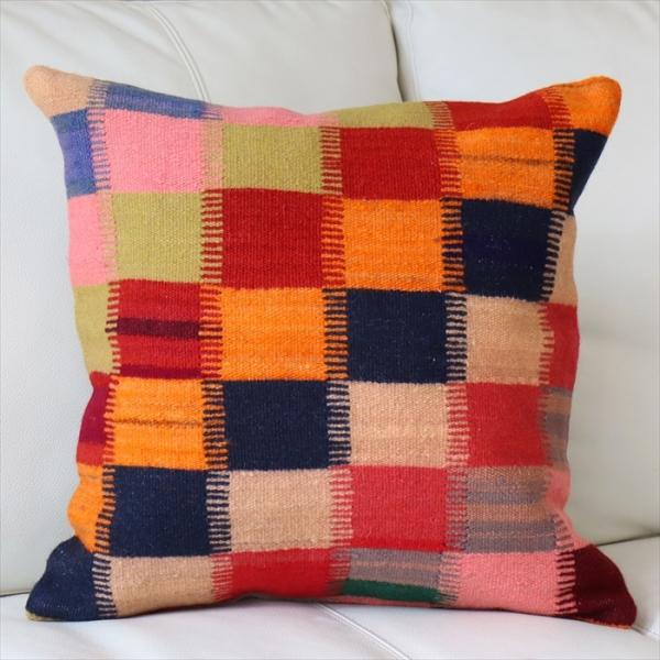 オールドキリム　クッションカバー 40cm Old Kilim Cushion カラフルなグリッド ...