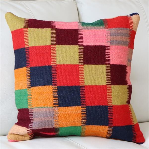 オールドキリム　クッションカバー 40cm Old Kilim Cushion カラフルなグリッド ...