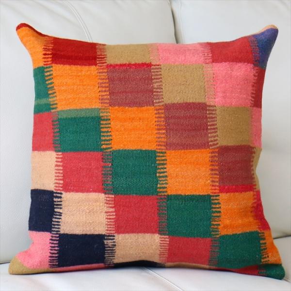 オールドキリム　クッションカバー 40cm Old Kilim Cushion カラフルなグリッド ...