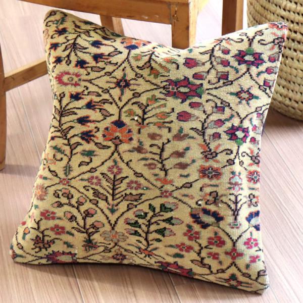クッションカバー ヴィンテージ パイル織り 46×45cmトルコ絨毯 フラワーデザイン