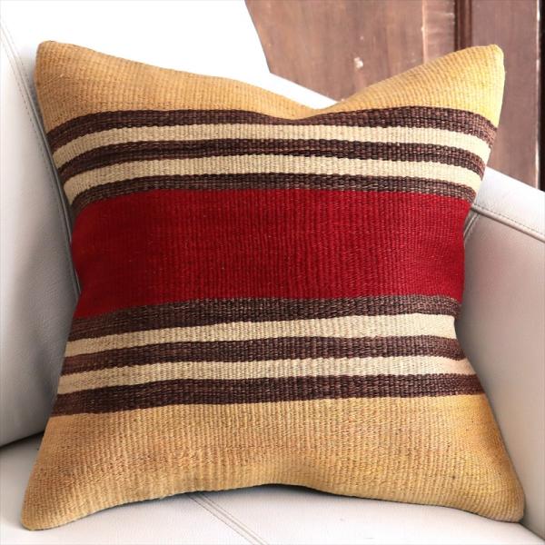オールドキリムクッションカバー 40cm角サイズ 40×40cm レッド＆イエロー ボーダー