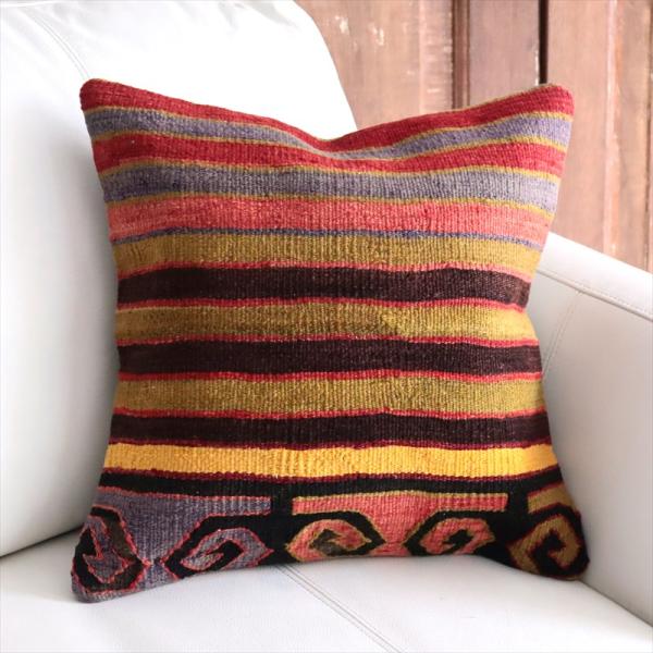 オールドキリム 40cm角クッションカバー 39×39cm ボーダー Old Kilim Cushi...