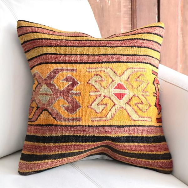 オールドキリム 40cm角クッションカバー 40×40cm イエローオレンジ Old Kilim C...