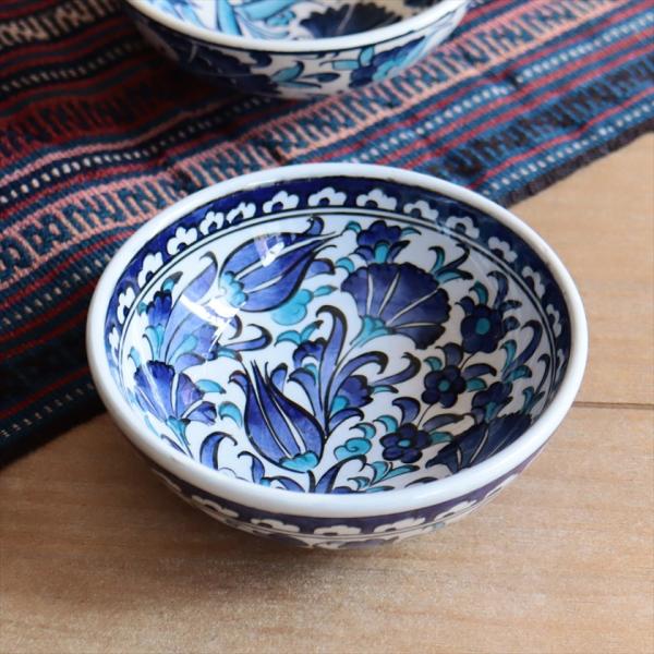 トルコ陶器 手書きボウル 直径12cm ブルーチューリップ カーネーション Turkish Hand...