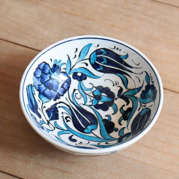 トルコ陶器 手書きボウル 直径12.5cm ブルーチューリップ カーネーション Turkish Ha...