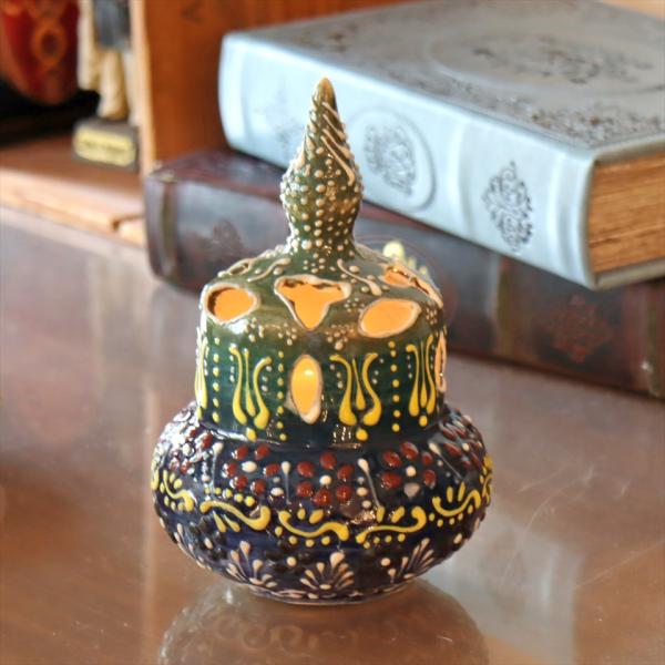 陶器のキャンドルホルダー H16cm グリーン/ブルー トルコ製 キュタフヤ陶器