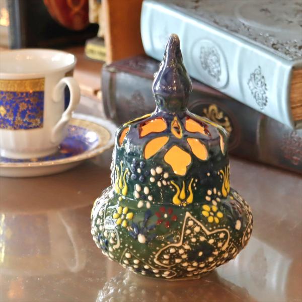 陶器のキャンドルホルダー H16cm ブルー/グリーントルコ製 キュタフヤ陶器