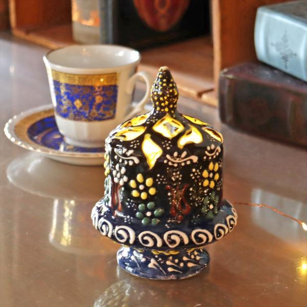 陶器のキャンドルホルダー H14.5cm ブラック/ネイビー トルコ製 キュタフヤ陶器
