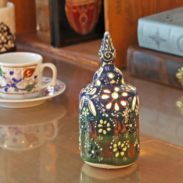 陶器のキャンドルホルダー H17cm ブルー/グリーン トルコ製 キュタフヤ陶器