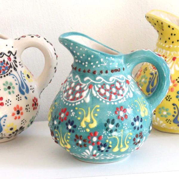 トルコ陶器 ミルクピッチャー 花瓶 高さ10×直径10cm フラワーデザイン エメラルドグリーン