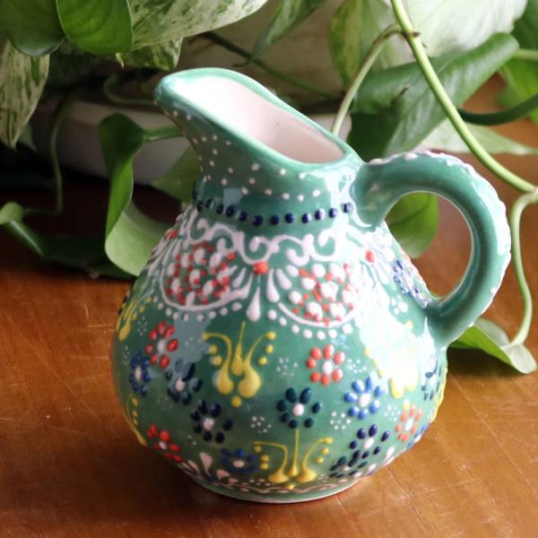 トルコ陶器 ミルクピッチャー 花瓶 高さ10×直径10cm フラワーデザイン グリーン