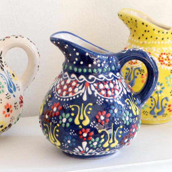 トルコ陶器 ミルクピッチャー 花瓶 高さ10×直径10cm フラワーデザイン ネイビー
