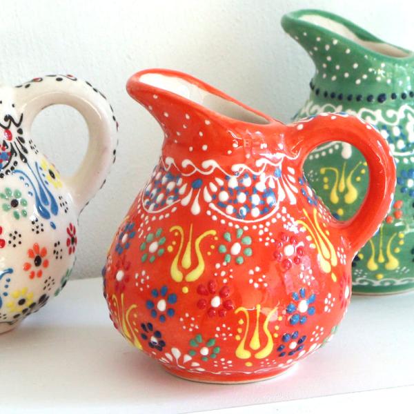 トルコ陶器 ミルクピッチャー 花瓶 高さ10×直径10cm フラワーデザイン オレンジ