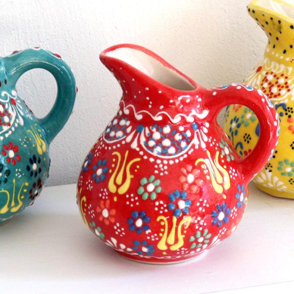トルコ陶器 ミルクピッチャー 花瓶 高さ10×直径10cm フラワーデザイン レッド