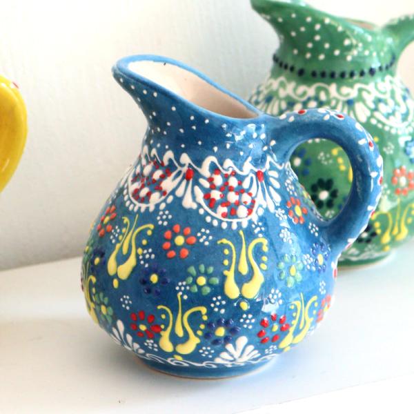 トルコ陶器 ミルクピッチャー 花瓶 高さ10×直径10cm フラワーデザイン ターコイズブルー