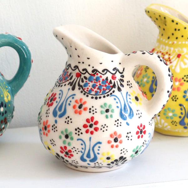 トルコ陶器 ミルクピッチャー 花瓶 高さ10×直径10cm フラワーデザイン ホワイト