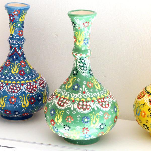 トルコ陶器 花瓶 一輪挿し フラワーベース 高さ20×直径12cm フラワーデザイン グリーン