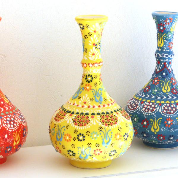 トルコ陶器 花瓶 一輪挿し フラワーベース 高さ20×直径12cm フラワーデザイン イエロー