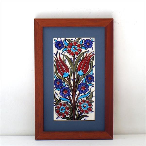 手書きタイル トルコ陶器 ミニタイル1枚額 H29×W19×D1.5cm チューリップ＆カーネーショ...