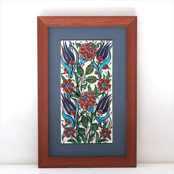 手書きタイル トルコ陶器 ミニタイル1枚額 H29×W19×D1.5cm チューリップ＆カーネーショ...