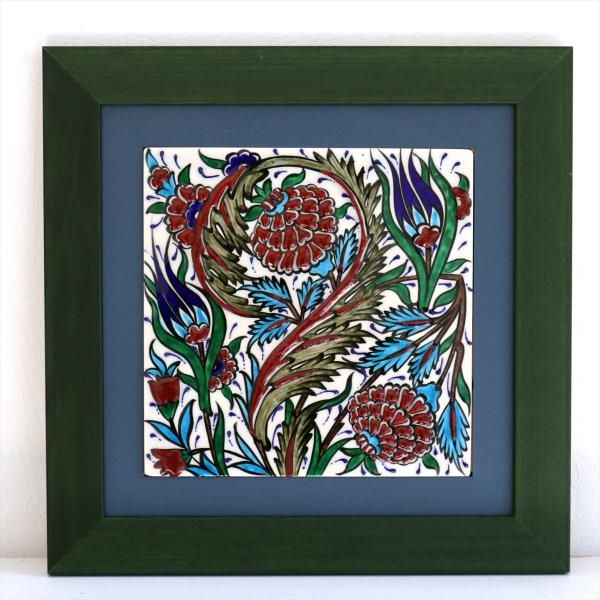 トルコ陶器 手書きタイル 1枚額 H31×W31×D2.5cm チューリップ＆カーネーション Tur...