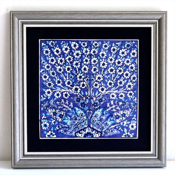 トルコ陶器 手書きタイル 1枚額 H31×W31×D2.5cm プラムツリー Turkish Han...