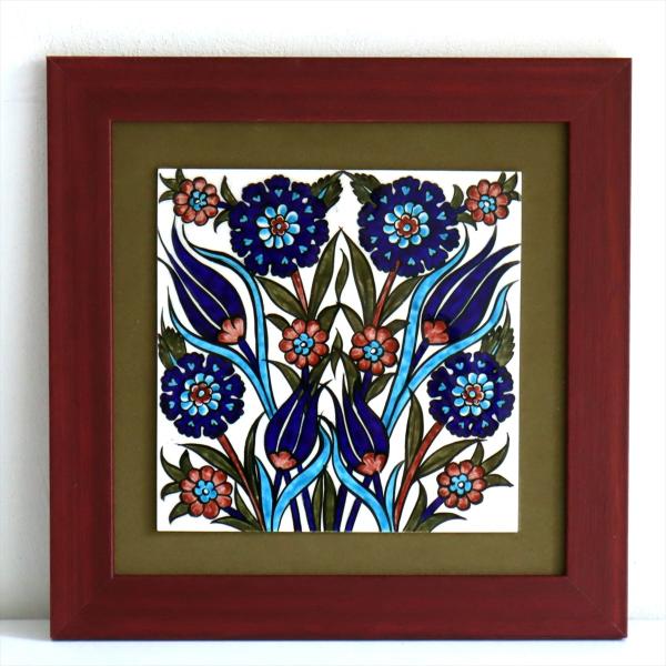 トルコ陶器 手書きタイル 1枚額 H32×W32×D1.5cm チューリップ＆カーネーション Tur...