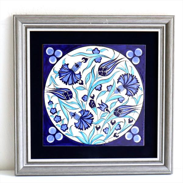 トルコ陶器 手書きタイル 1枚額 H31×W31×D2.5cm チューリップ＆カーネーション Tur...