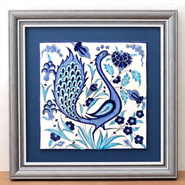 トルコ陶器 手書きタイル 1枚額 H31×W31×D2.5cm 孔雀と花 Turkish Hand ...
