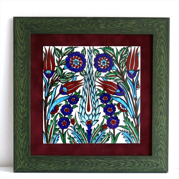 トルコ陶器 手書きタイル 1枚額 H32×W32×D1.5cm チューリップ＆カーネーション Tur...