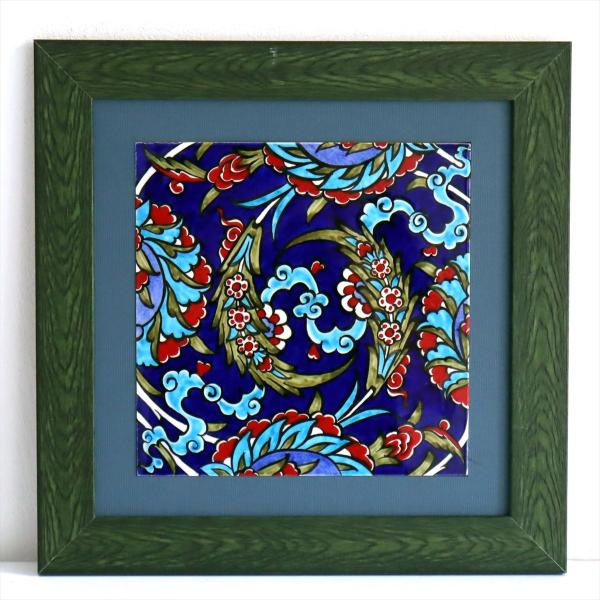 トルコ陶器 手書きタイル 1枚額 H32×W32×D1.5cm フラワーデザイン Turkish H...