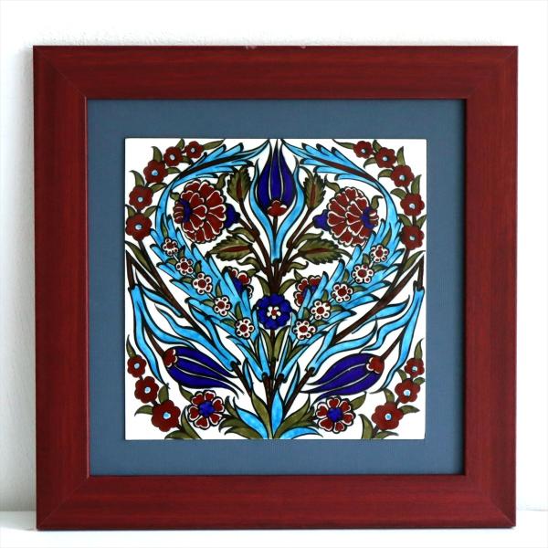 トルコ陶器 手書きタイル 1枚額 H32×W32×D1.5cm チューリップ＆カーネーション Tur...
