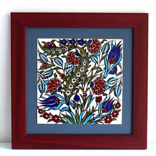 トルコ陶器 手書きタイル 1枚額 H32×W32×D1.5cm チューリップ＆カーネーション Tur...